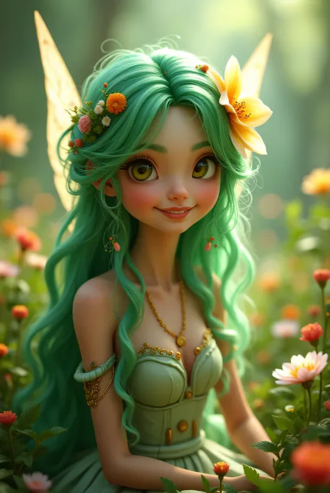 Fairy、 green hair、smile、flower、 cute、 real 、The skin is bright