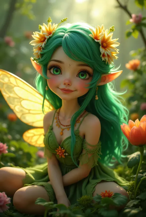 Fairy、 green hair、smile、flower、 cute、 real 、The skin is bright