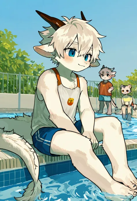 Fraction_9,Fraction_8_up ,Fraction_7_up ,Fraction_6_up ,Fraction_5_up , source_  furry, hadrian,Sitting  ,  furry male,elementary school students，Cubs，((boy ,petite ))，dragon boy  ,dragon horn，Dragon Tail, Tail, barefoot, no shoes,  shorts,Background Pool ...