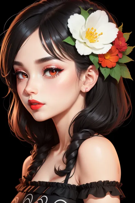 create a 2d black outline,  " Flowers and Nature " coloring page, low details design, white background, black contour, coloring page design, cartoon style, simple background, black and white color only but red lips.