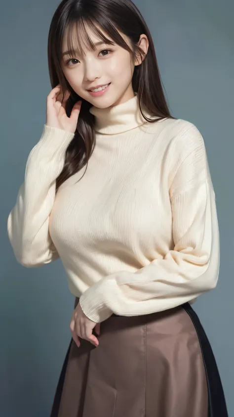 best quality,masterpiece, super high resolution, high-definition RAW color photo, professional photography, natural skin texture, fine skin, hyperrealism, smiles,gigantic breasts, dark blonde long hair,gray turtleneck sweater,( Chester Court, long flare s...