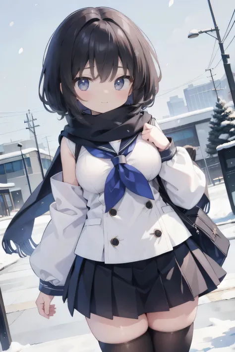 Shyness、 embarrassing、Wear a scarf、Snowfall High Resolution、Sharpness、4K、 dynamic angle 、 cowboy shot、 Oshitoyaka、Beautiful perfect posture、Shyness、 and dye your cheeks、 embarrassing、 thick armpit hair one girl、 black hair、 long-sleeved sailor suit that br...