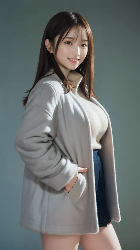best quality,masterpiece, super high resolution, high-definition RAW color photo, professional photography, natural skin texture, fine skin, hyperrealism, smiles,(gigantic breasts), dark blonde long hair,gray turtleneck sweater,( duffle coat, long flare s...