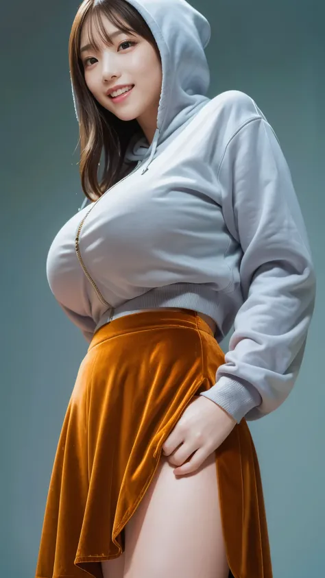  best quality,masterpiece, super high resolution, high-definition RAW color photo, professional photography, natural skin texture , fine skin, hyperrealism, smiles,(gigantic breasts), dark blonde long hair,gray hoodie , velvet long flare skirt,minimal back...