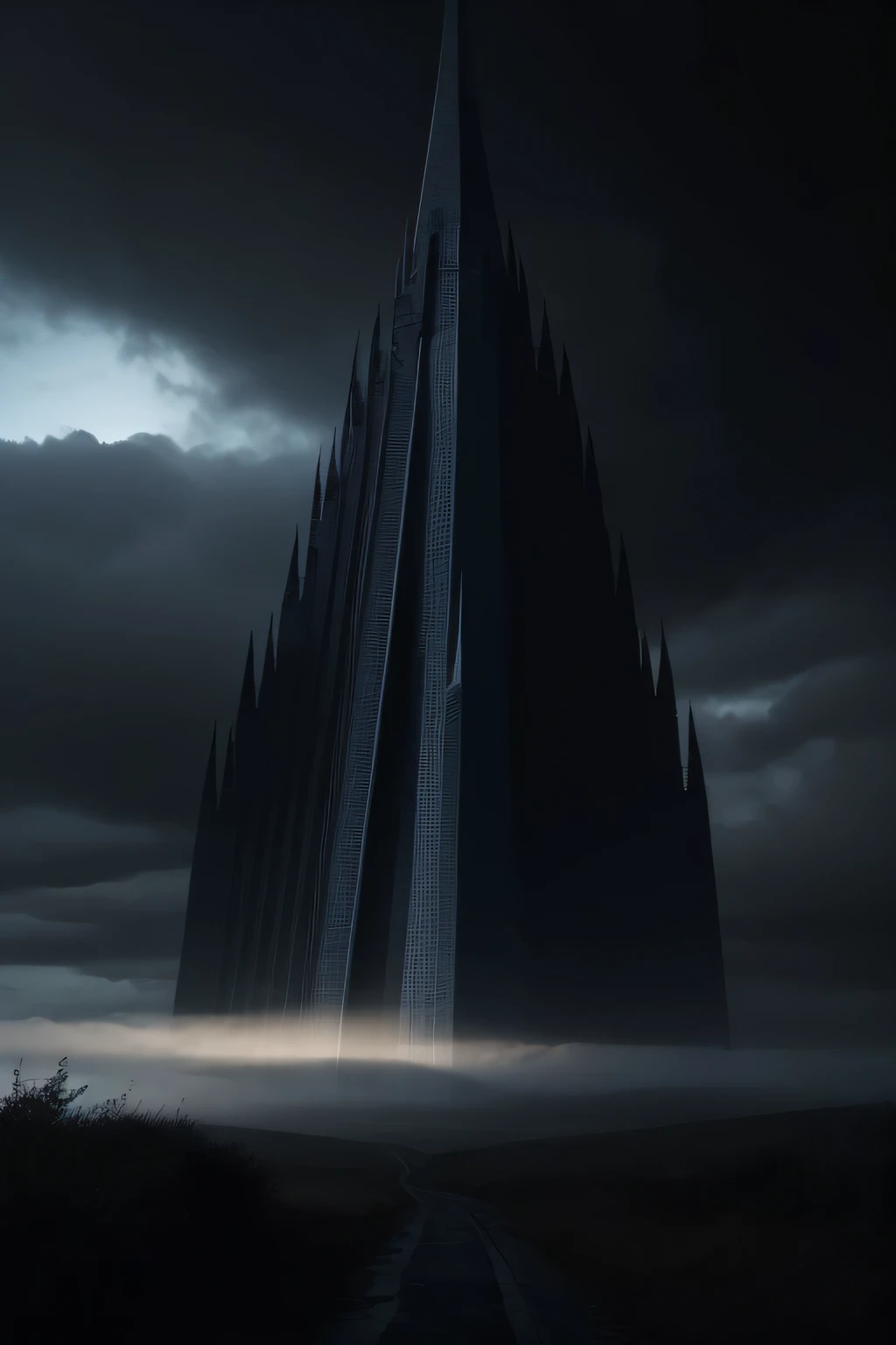 nightmare, a huge dark tower towers in the distance and its top is hidden behind the clouds, endless field, gray sky, cloudy, dark blue filter