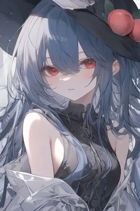  Top quality  ，  Best Quality ，  Official Art  ，cool, beautiful， Very Detailed （Fractional art 1 .2），most detailed，  a girl ，  expressionless faces  ， Dark blue long hair   ， wearing a wizard hat，  dark red eyes  ， Seductive Expression ,   background box i...