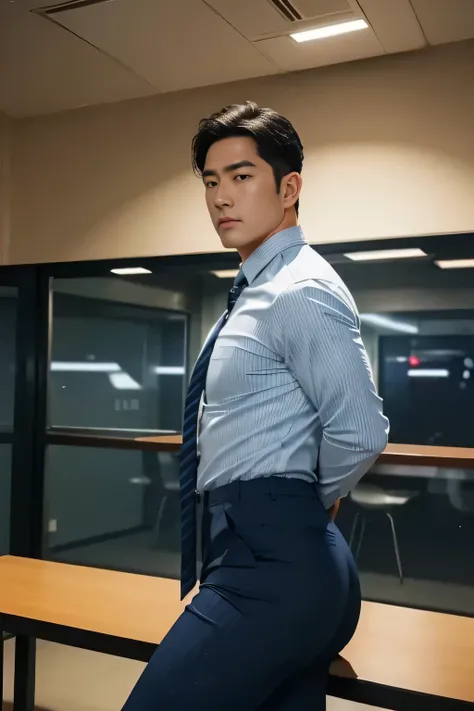 40-year-old boy ,Korean bulky male officer ,Wear navy blue police uniform shirt................ pinstripe navy blue smooth tight trouser, transparent pants obvious underwear print ,((unrealistic super big tight butt wearing pants)), legs wide open, legs on...