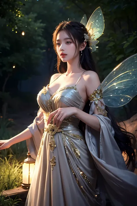 Beautiful fairy, surrounded by fireflies, ethereal and dreamy atmosphere