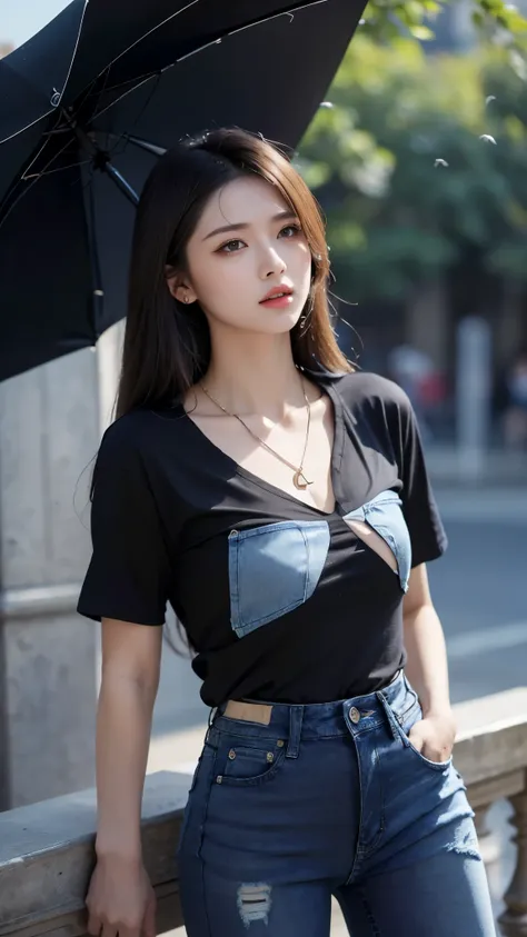 8k ultra hd, masterpiece, a girl, (good face:1.4), detailed, eyes, beautiful lips, very long hair, spreading hair, small breasts, (opened shirt:1.5), ((black shirt)), (fashion jeans:1.5), necklace, sardine, in the palace, flying birds, glowing:1.5, rainy w...