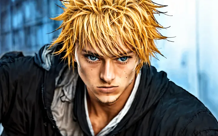 "Transform this anime male character into a realistic version, keeping their main features like hair color, eyes, and facial traits, but giving them a more natural and detailed appearance. Make sure the body is also realistic with coherent human proportion...