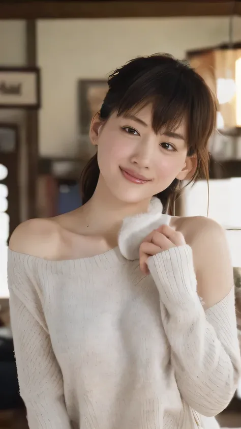  gravure shooting、 shoulder pull-out sweater that reveals breasts、 torn clothes 、 pants with holes to flip up a puff、