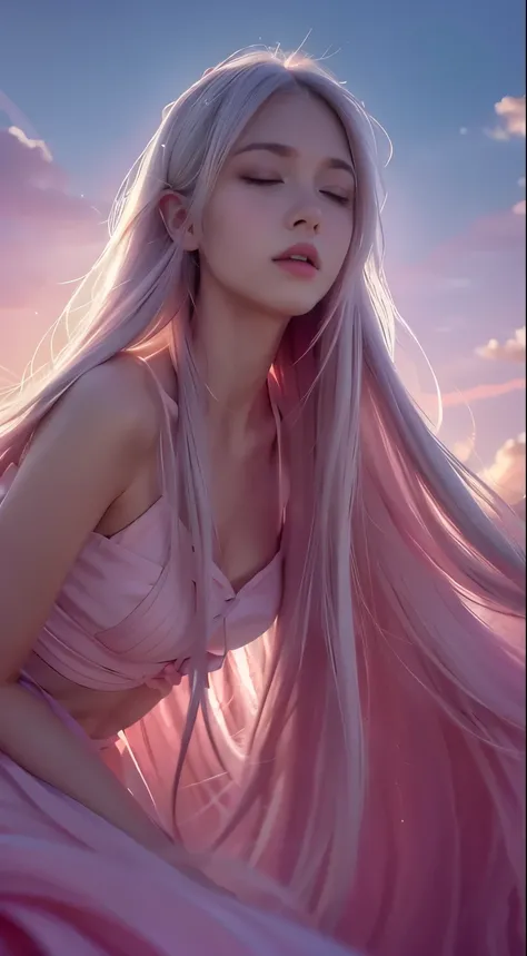 high qulity，4K，detailed detail，Dreamy，hyper realisitc，Up and down opposites，Parallel worlds，Girls fall from the sky，long  white hair，Vertical descent，closing her eyes，Keep quiet，Girl in the Clouds，Pink light and shadow，