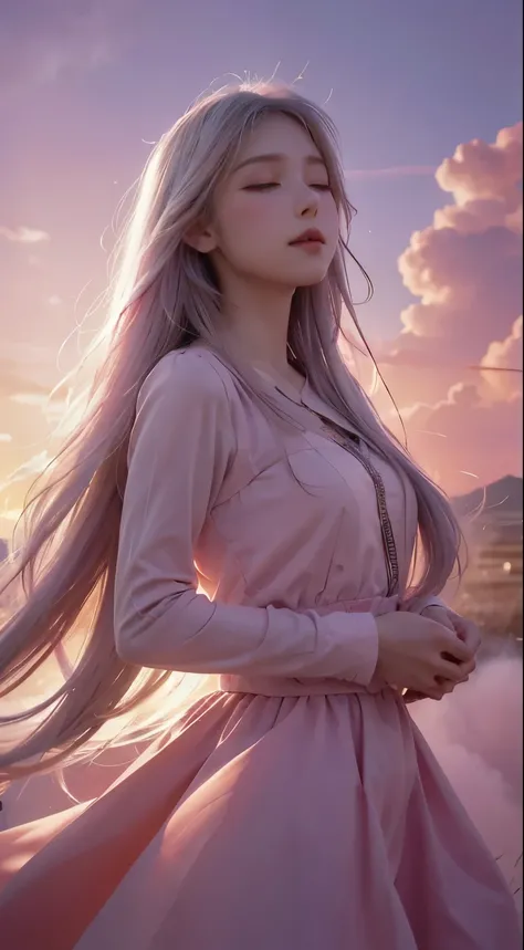 high qulity，4K，detailed detail，Dreamy，hyper realisitc，Up and down opposites，Parallel worlds，Girls fall from the sky，long  white hair，Vertical descent，closing her eyes，Keep quiet，Girl in the Clouds，Pink light and shadow，