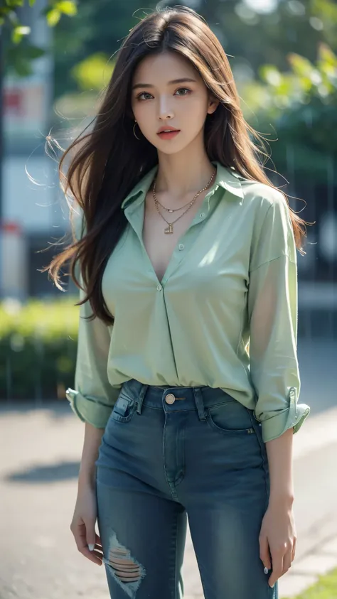 8k ultra hd, masterpiece, a girl, (good face:1.4), detailed, eyes, beautiful lips, very long hair, spreading hair, small breasts, (opened shirt:1.5), ((green shirt)), (fashion jeans:1.5), necklace, sardine, in the palace, flying birds, glowing:1.5, rainy w...