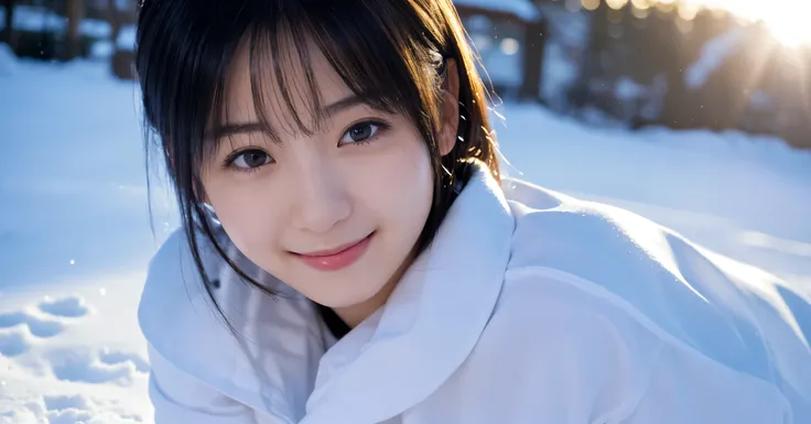 ( best quality,masterpiece:1.3, super high resolution),( more details, caustics,8k), ( Photorealistic:1.4, RAW shooting), Snow Scenery , Japanese,20 years old, cute,(smile), and stare at the camera, black hair short,Plain white shirt, bust up shot,high ang...