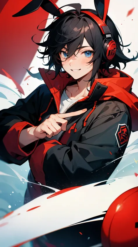 Black hair boy  red hoodie　blue eyes　smile　Hands are pocketsHigh Resolution, Rabbit Ears, Headphones, Anatomically Correct, Best Quality, Masterpiece, Black Hair, Shiny Hair, Messy Hair, Blush, Smile, Sparkling Eyes, 