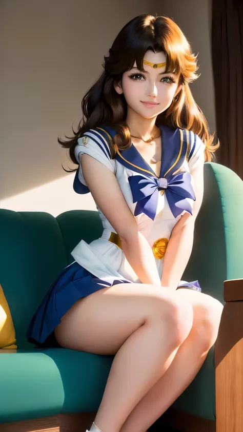 A person wearing a sailor sitting on a sofa, Sailor Moon,  charming anime girl,  don't mess with smiles ,  Gentle Smile , but、Her stern look,  beautiful anime girl squatting, Sailor Moon!!!!!!!!,  Sailor Jupiter.  beautiful,  Kitagawa Marin's Fan Art ,  hi...