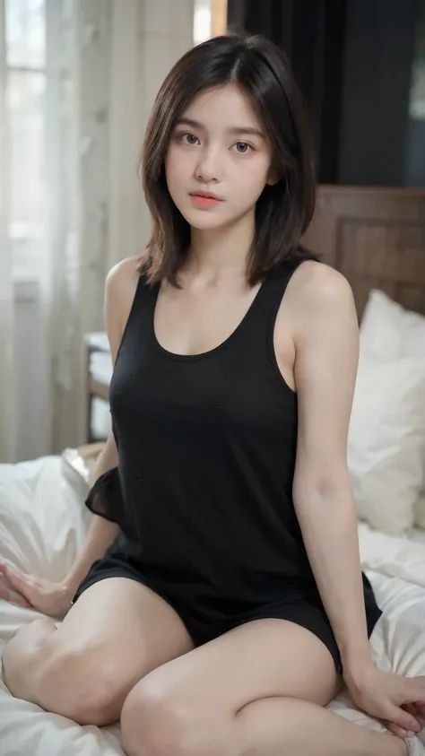 daylight, ((1girl, black tank top dress, in the bed room, camel toe, arrousing, temptating, seducing)),( rich detail, crisp detail, sharp image, 8k RAW photo, highest quality, High resolution:1.1), (hyperrealistic:1.4),(realistic, photorealistic:1.3), soft...