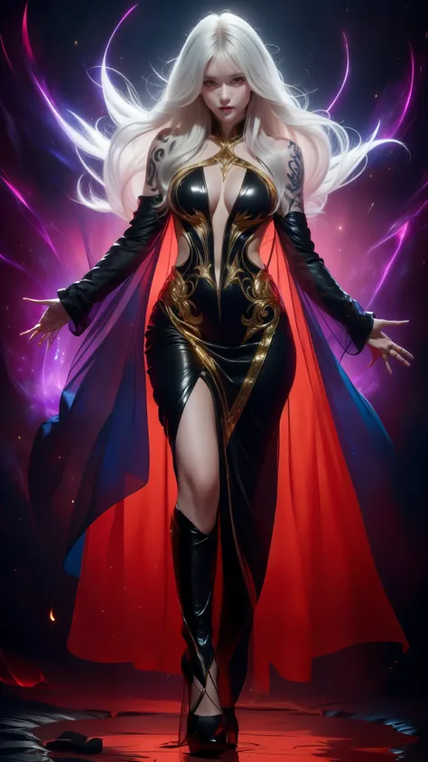 ((ultra high quality)), (((hyper detailed))), long wavy hair, (glowing white hair), gold highlights, (((anatomically correct))), sexy black and gold mage outfit, 1 girl, (((airborne))), looking down, mage, (((magical aura))), big breasts, medium thighs, (c...