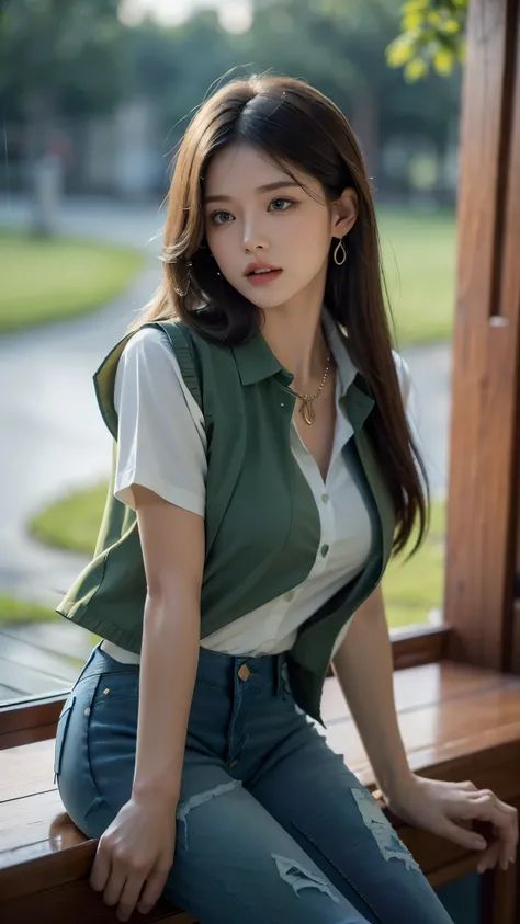 8k ultra hd, masterpiece, a girl, (good face:1.4), detailed, eyes, beautiful lips, very long hair, spreading hair, small curve breasts, (opened shirt:1.5), ((green shirt)), ((vest)), (fashion jeans:1.5), necklace, sardine, in the palace, flying birds, glow...