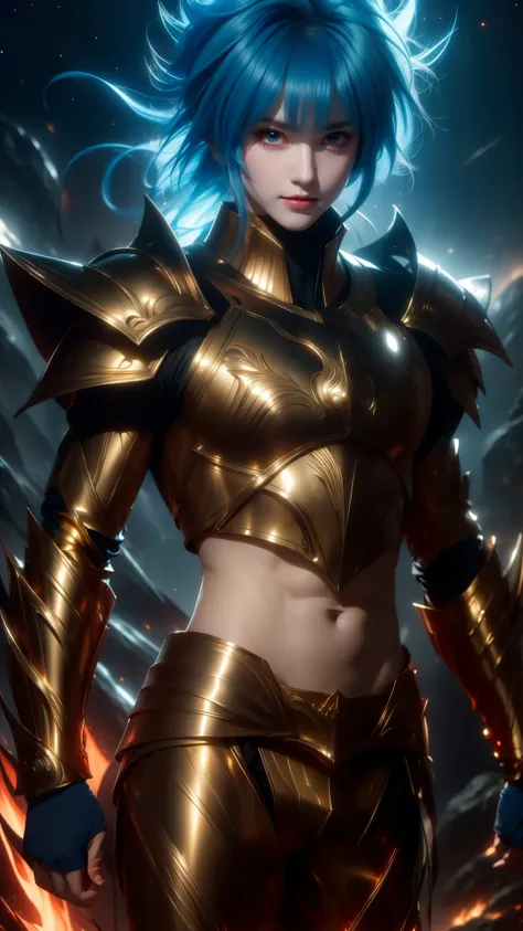 Ultra-high saturation，（tmasterpiece）， fully body photo，（best qualtiy）， （1girll）， starryskybackground，Wearing shiny gold armor， Sexy lingerie type armor，Expose your chest，Expose the waistline，Exposing thighs，cool-pose， Saint Seiya Armor， messy  hair，high de...