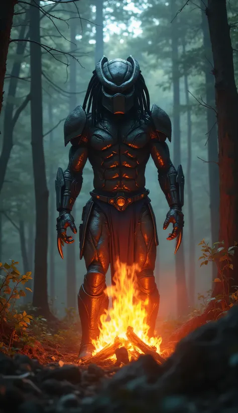 Predator stands near a blazing campfire in the forest, its mask gleaming. The camera cuts to its silhouette disappearing as it activates invisibility.