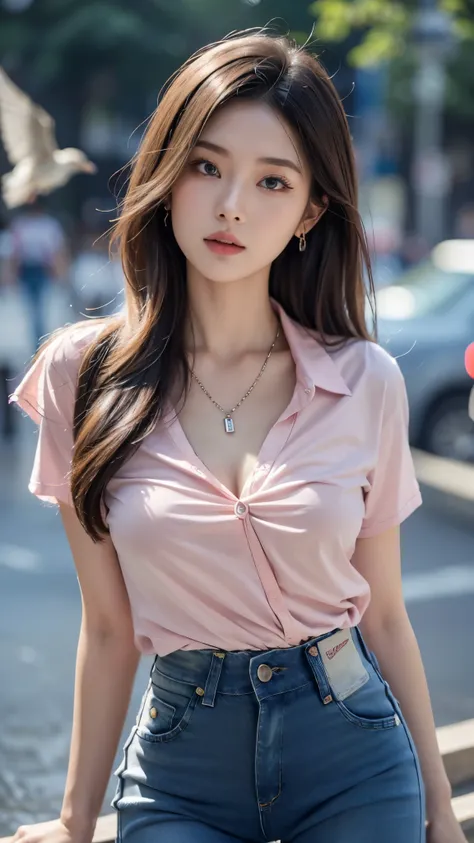 8k ultra hd, masterpiece, a girl, (good face:1.4), detailed, eyes, beautiful lips, very long hair, spreading hair, small curve breasts, (opened shirt:1.5), ((pink shirt)), (fashion jeans:1.5), necklace, sardine, in the palace, flying birds, glowing:1.5, ra...