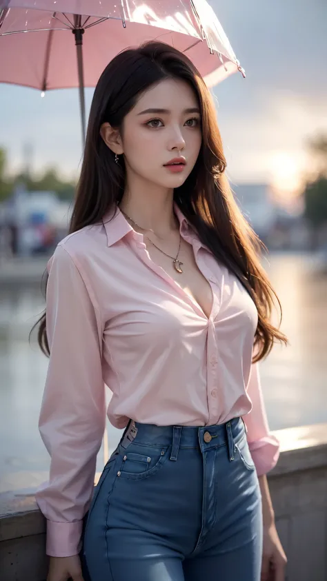 8k ultra hd, masterpiece, a girl, (good face:1.4), detailed, eyes, beautiful lips, very long hair, spreading hair, small curve breasts, (opened shirt:1.5), ((pink shirt)), (fashion jeans:1.5), necklace, sardine, in the palace, flying birds, glowing:1.5, ra...