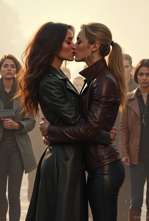 woman in leather coat with long hair, kissing another woman in leather jacket with ponytail on lips, people watching, light background