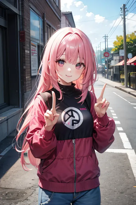 smile,long hair,pink hair,on road,peace sign,

