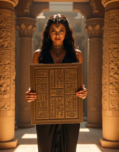 A hyper-realistic wide scenery image shot of a prehistoric beautifully fullbody female queen Cleopatra Pharaoh holding lifted a big size hieroglyph carved cliparts on clay tablet, symmetrically balanced in image composition. The beautifully Pharaoh is depi...