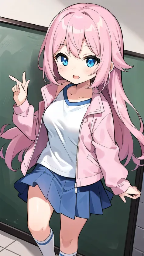 One girl, elementary school student,  , ((loli:1.2)),  pink hair,  short, slanted eyes, super long hair, (((straight hair))),  white long sleeve T-shirt, gray super mini skirt, (pink jacket), wearing jacket, knee socks, (blue eyes: 1.2), (super large breas...