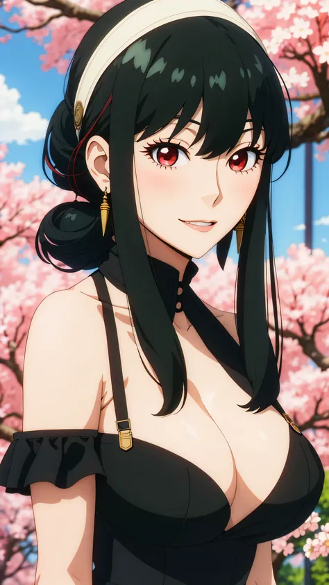 yor, Mature female,  bangs, side locks, Red eyes, Black hair, hair adornments, Huge breasts，sportrait, (face:1.2), schoolgirls, ssmile,bare shoulders​, Black hair, cherry blossom, cleavage, (gown:1.21), clavicle, Willow Branch, (masterpiece best quality :1...