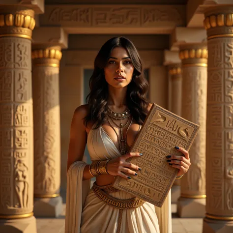 A hyper-realistic wide scenery image shot of a prehistoric beautifully fullbody female queen Cleopatra Pharaoh holding lifted a big size hieroglyph carved cliparts on clay tablet, symmetrically balanced in image composition. The beautifully Pharaoh is depi...