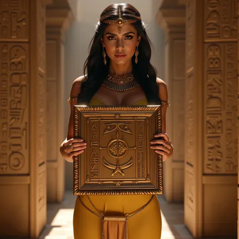 A hyper-realistic wide scenery image shot of a prehistoric beautifully fullbody female queen Cleopatra Pharaoh holding lifted a big size hieroglyph carved cliparts on clay tablet, symmetrically balanced in image composition. The beautifully Pharaoh is depi...