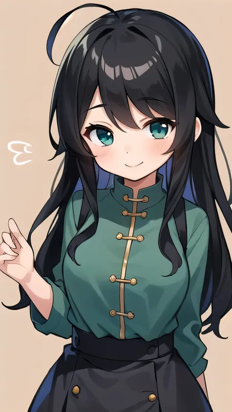 Junior high school student who looks like an elementary school student, ,(loli:1.3) , very short, 140 cm tall, black hair with a slight green tinge, short ahoge, beautiful long hair but with a little hair sticking out, beautiful round eyes, blue eyes, smil...