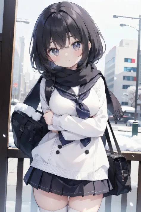 Shyness、 embarrassing、Wear a scarf、Snowfall High Resolution、Sharpness、4K、 dynamic angle 、 cowboy shot、 Oshitoyaka、Beautiful perfect posture、Shyness、 and dye your cheeks、 embarrassing、 one girl、 black hair、 long-sleeved sailor suit that brings the chest to ...