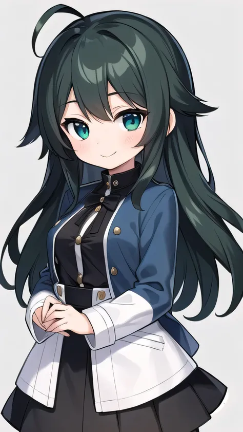 Junior high school student who looks like an elementary school student, ,(loli:1.3) , very short, 140 cm tall, black hair with a slight green tinge, short ahoge, beautiful long hair but with a little hair sticking out, beautiful round eyes, blue eyes, smil...