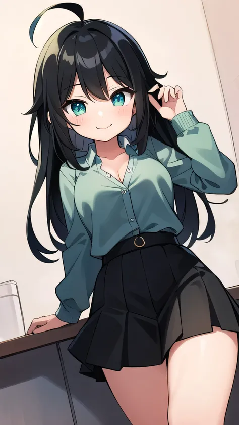 Junior high school student who looks like an elementary school student, ,(loli:1.3) , , very short, 140 cm tall, black hair with a slight green tinge, short ahoge, beautiful long hair but with a little hair sticking out, beautiful round eyes, blue eyes, sm...