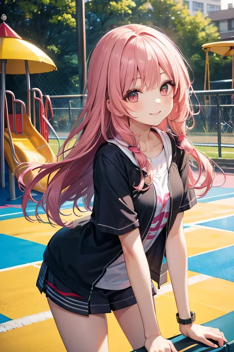 smile,long hair,pink hair,playground,