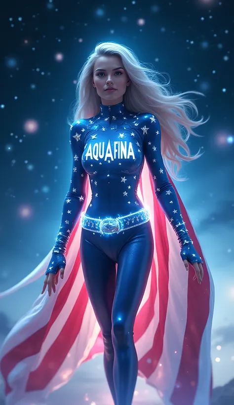 "Create a celestial-inspired character for the Aquafina brand, wearing a costume based on the flag of the United States. The costume should incorporate red, white, and blue stripes with stars, but with a celestial twist, like shimmering stars and ethereal ...