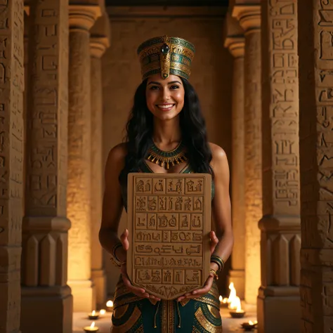 A hyper-realistic wide scenery image shot of a prehistoric beautifully fullbody female queen Cleopatra Pharaoh holding lifted a big size hieroglyph carved cliparts on clay tablet, symmetrically balanced in image composition. The beautifully Pharaoh is depi...