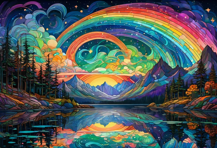 A colorful aurora painting with stars and a lake,   An ultra-fine and elaborate painting inspired by Ivan Bilibin,  CG Society Contest Winner,   Psychedelic Art  , Detailed dreamscape,  sparkling stained glass background, Fusion with aurora borealis ,  Hig...