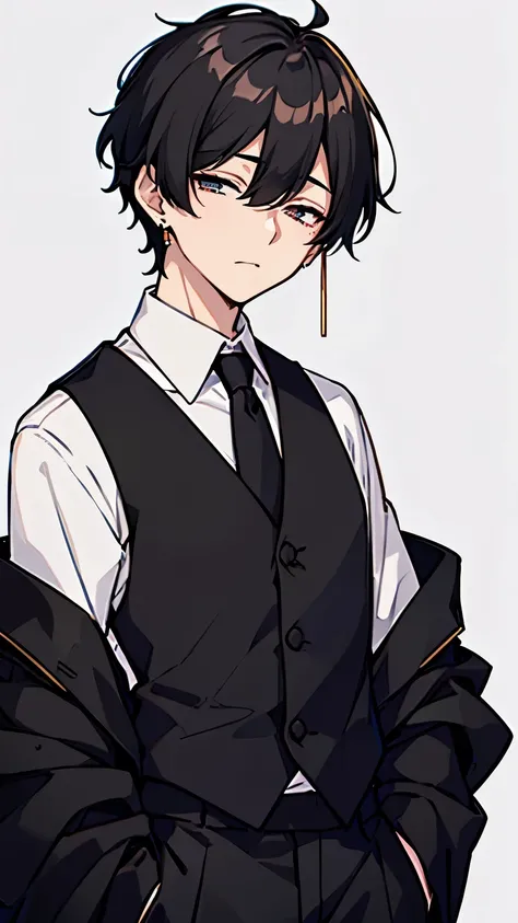 High Quality ,  High Quality , 1 male,  upper body, Wear black long pants, 27 years old, Wearing Business Shirts , Japanese-style earrings, half-closed eyes, wears a red tie, (black 
short hair), expressionless, is standing, White Background, tired