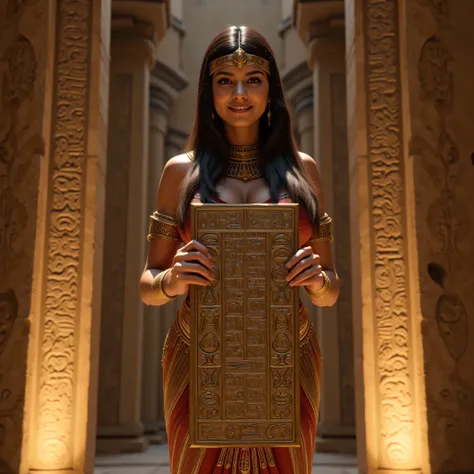 A hyper-realistic wide scenery image shot of a prehistoric beautifully fullbody female queen Cleopatra Pharaoh holding lifted a big size hieroglyph carved cliparts on clay tablet, symmetrically balanced in image composition. The beautifully Pharaoh is depi...