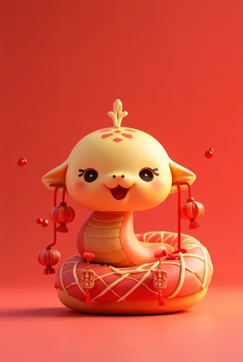 The dominant color snake is red with a small and cute no hand nofoot style cartoon style 3d with a Chinese New Year theme using Chinese New Year ornaments on its body, a plain background