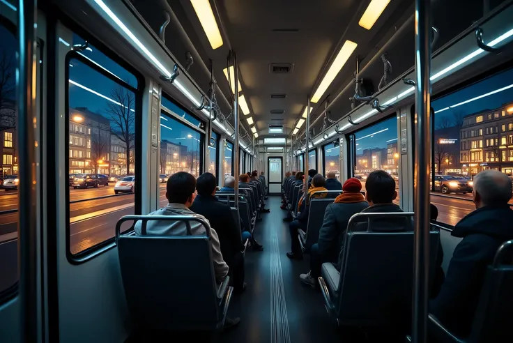 “Slight side angle View from the inside of a well-lit bus at night, with large windows revealing a busy city street with trees and cars and people and companies with street lighting”white- and slight warm”. In the distance, the lights of buildings with lit...