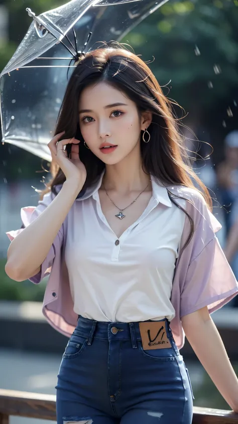 8k ultra hd, masterpiece, a girl, (good face:1.4), detailed, eyes, beautiful lips, very long hair, spreading hair, small curve breasts, (opened shirt:1.5), ((purple shirt)), (fashion jeans:1.5), necklace, sardine, in the palace, flying birds, glowing:1.5, ...