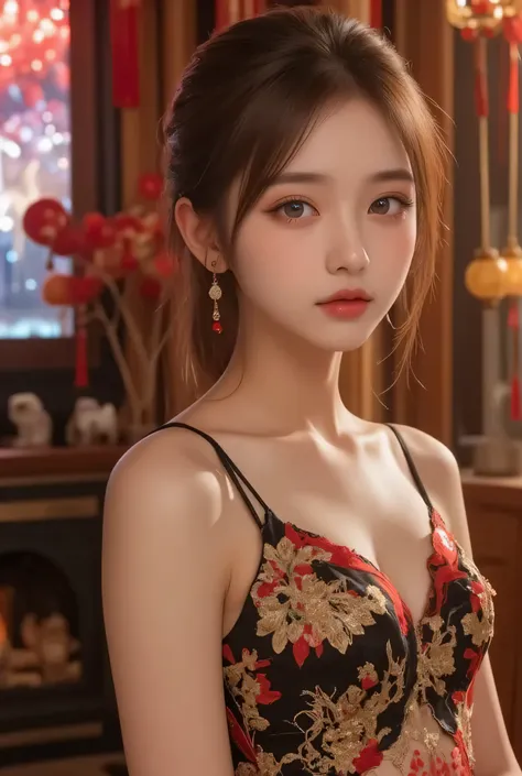 A close-up, head-and-shoulders portrait of a beautiful Korean idol with fine facial features and a ponytail, wearing a red-black-gold short dress with some black-transparent sections, adorned with intricate gold or silver phoenix and floral embroidery. She...