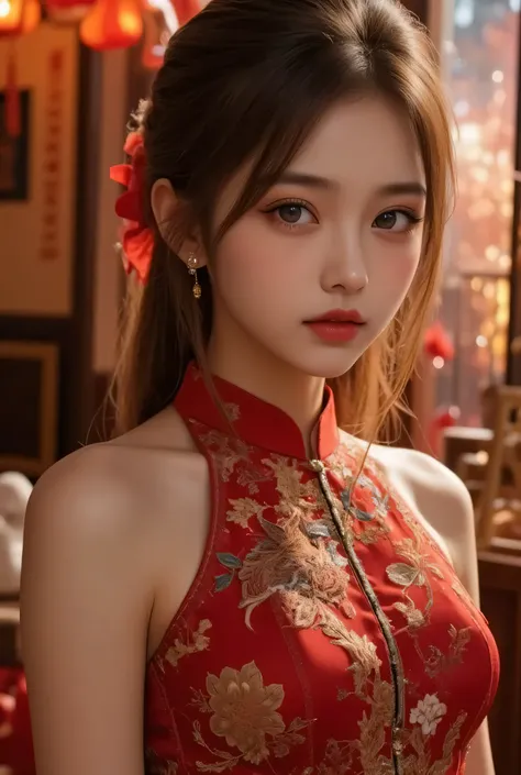 A close-up, head-and-shoulders portrait of a beautiful Korean idol with fine facial features and a ponytail, wearing a red-black-gold short dress with some black-transparent sections, adorned with intricate gold or silver phoenix and floral embroidery. She...
